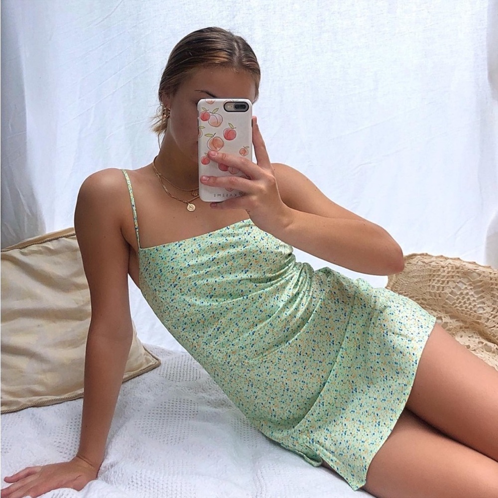 Princess Polly After Though Dainty Ditsy Green Floral Satin Mini Slip Dress
